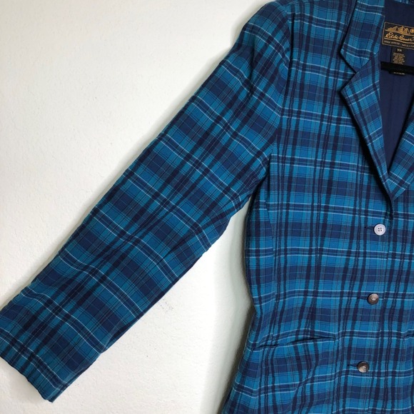 Vintage Eddie Bauer Plaid Blazer 100% Cotton Blue Green Career Preppy Jacket | M - Picture 8 of 16
